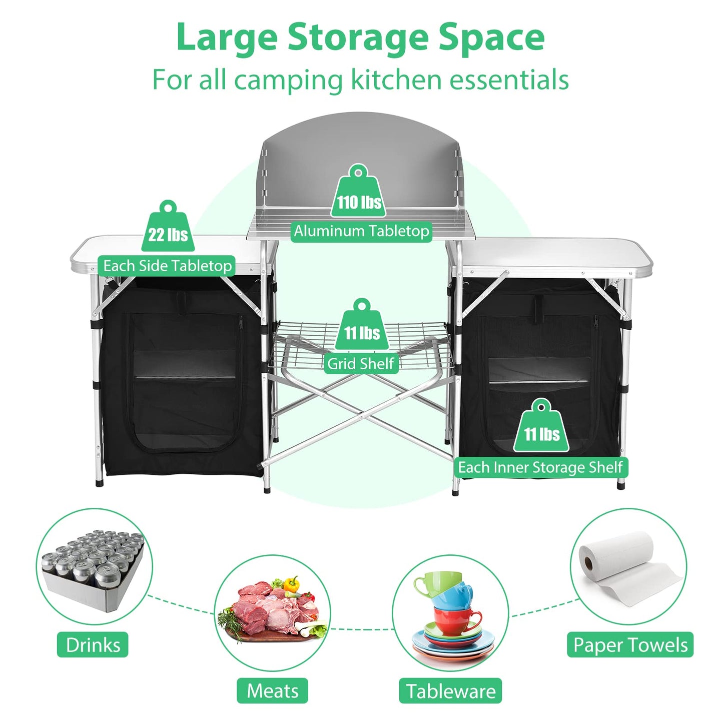 GYMAX Folding Camping Table, Portable Kitchen Table with 2 Zipper Organizer Shelf & Wind Screen, Foldable Cooking Table for Camping Hiking Picnic BBQ (Black)