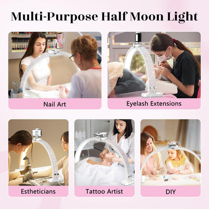 LIONVISON Half Moon Light for Nail Desk - 31-inch, 48W, Aluminum, White, Model 0002, Includes Phone Holder for Nail Tech, Makeup, Tattoo