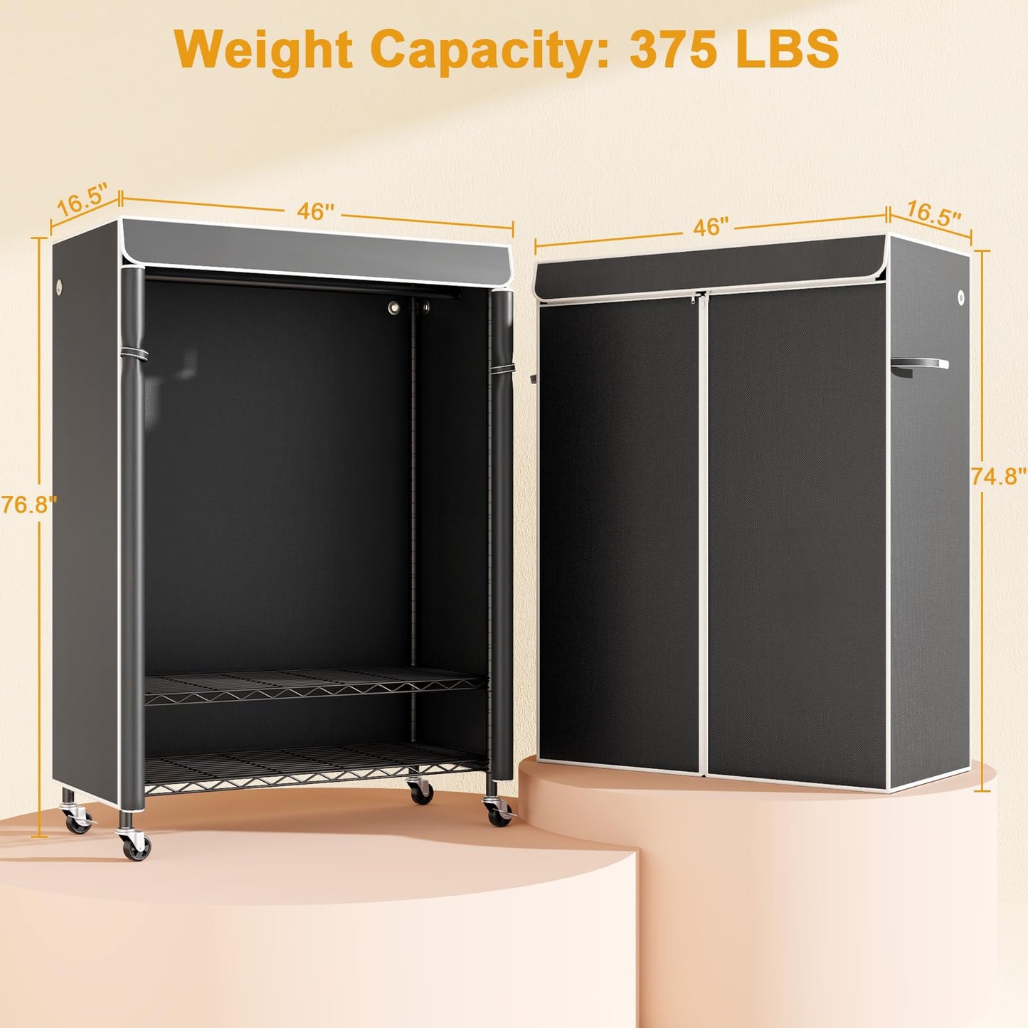 ULIFHOME P6C Plus Rolling Clothes Rack with Cover, Covered Clothing Rack Heavy Duty, Portable Closet for Hanging Clothes, Garment Rack on Wheels, Black Closet Rack with Black Cover, Max Load 375LBS