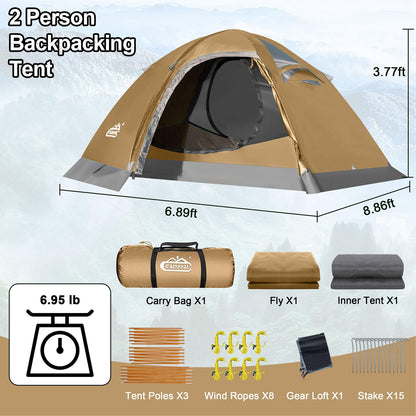 Camppal 2 Person Backpacking Tent, Waterproof 4 Season Tent, Windproof Rainproof Cold Weather Winter Tent for Camping, Hiking, Hunting, Motorbiking, Cycling - Khaki