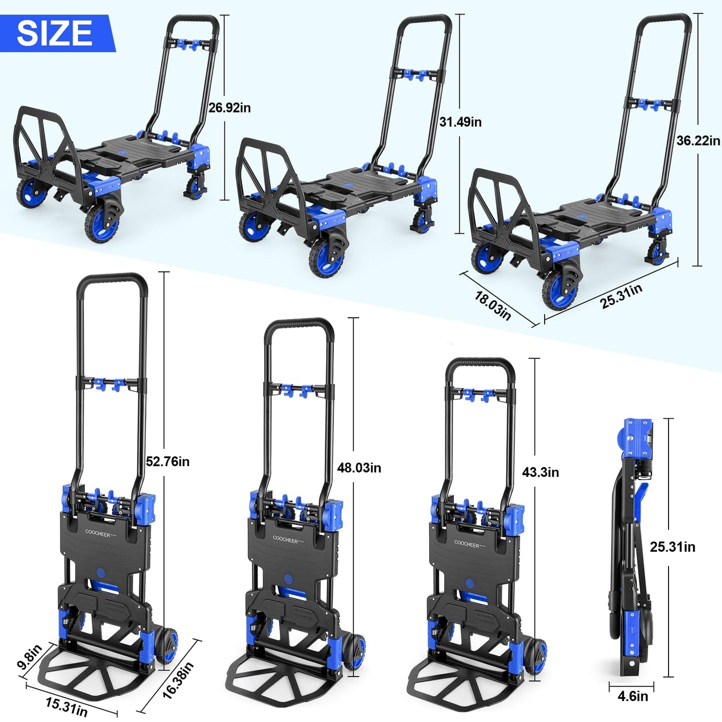 2-in-1Hand Truck Dolly Foldable with Folding Basket, 330LB Folding Hand Truck Heavy Duty Carrying, Combination of 4 Wheels and 2 Wheels Convertible Dolly Cart with Retractable Handle Dolly for Moving