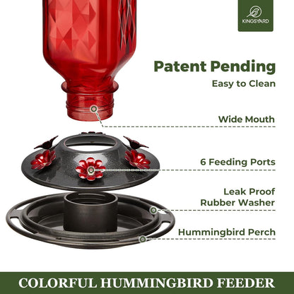 Kingsyard Hummingbird Feeder - 24 Ounce Glass Nectar Feeder with 6 Ports & Ant Moat | Red Garden Décor
