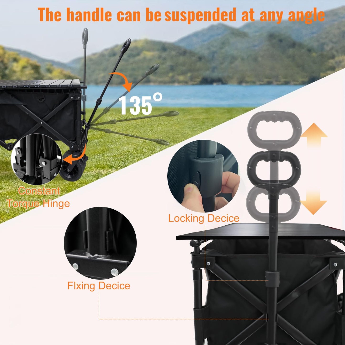 Heavy Duty Collapsible Folding Wagon with Table, 440LBS Capacity Utility Wagon Cart with All-Terrain Wheels, Foldable Beach Camping Wagon for Garden, Sports, Picnics Black