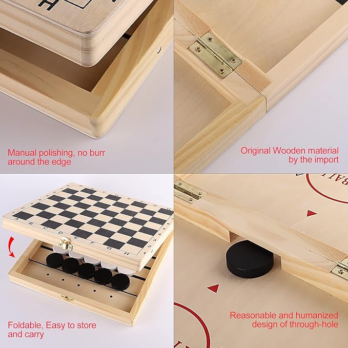 Sling Puck Game Chess Checkers Game Set 4 in 1 Board Game Fast Hockey Table Game Tic Tac Toe Slingshot Chess Set for Kids