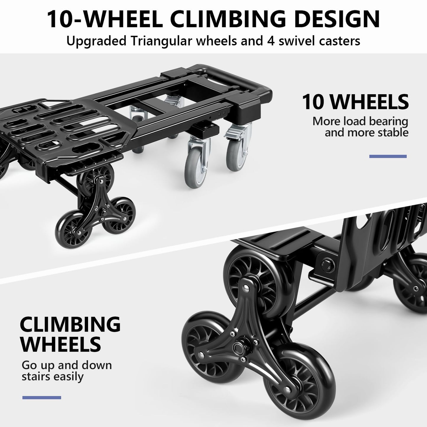 KEDSUM 3-in-1 Convertible Stair Climbing Dolly, 660LBS Heavy Duty Dolly Cart with Wheels, Hand Truck with Adjustable Handle Angle & Expandable Base for Home, Warehouses, 10-Wheel Design with Brakes