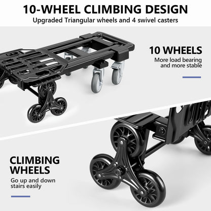 KEDSUM 3-in-1 Convertible Stair Climbing Dolly, 660LBS Heavy Duty Dolly Cart with Wheels, Hand Truck with Adjustable Handle Angle & Expandable Base for Home, Warehouses, 10-Wheel Design with Brakes