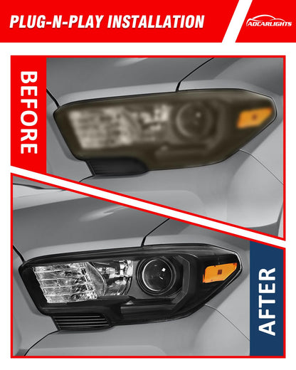 ADCARLIGHTS 2016-2023 Toyota Tacoma Headlight Assembly, Black Housing Amber Reflector IP65 Waterproof Dustproof Fits Non-LED DRL Models Only Driver and Passenger Side (Bulbs Not Included)（W/O Bulbs）