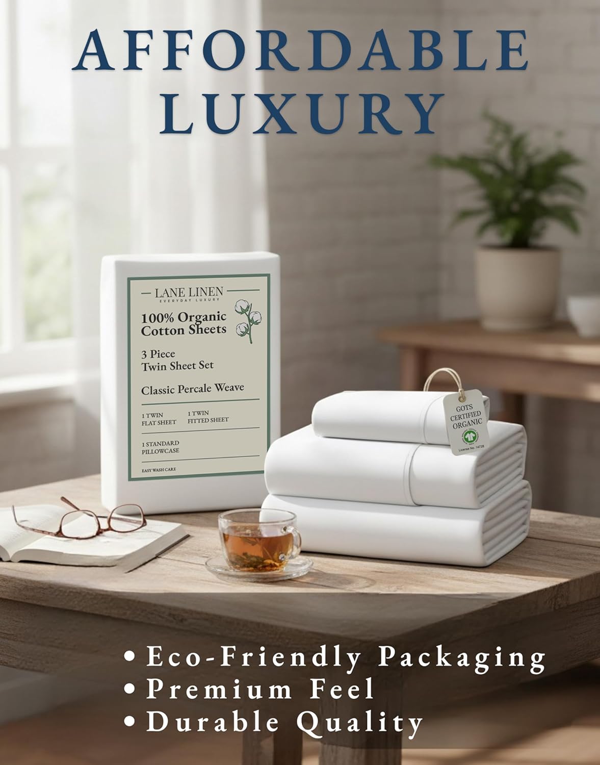 LANE LINEN 100% Organic Cotton Twin Sheets Set - Soft & Breathable Percale 3-Piece Bedding in White