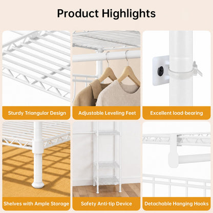 Kryonix Expandable Heavy Duty Garment Rack, 900lbs Freestanding Clothes Rack with 5 Hanging Rods & 6 Shelves, Adjustable Width(70''-88.2'') Metal Wardrobe Closet for Bedroom, Laundry Room, White