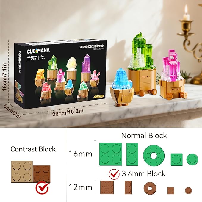 9 Pack Easter Party Favor Mineral Mini Building Set with LED Light 1170PCS Crystals Flower Bonsai Block Toy for Goodie Bag Fillers Classroom Prizes Birthday Gift for Kids Adults Women