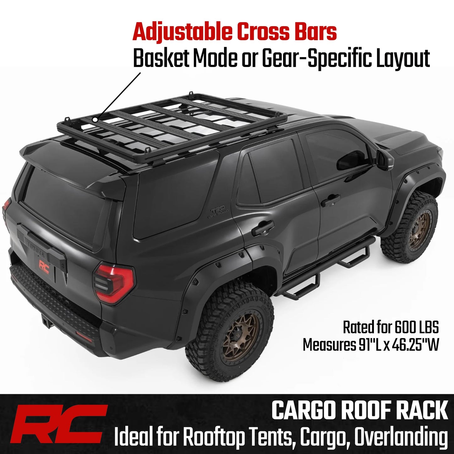 Rough Country Roof Rack System for Toyota 4Runner (2025-2026) - Aluminum Overland Cargo Carrier with T-Slot Mounting System, Adjustable Cross Bars