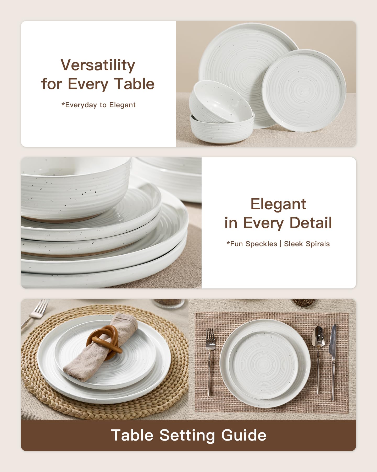Famiware Premium 24-Piece Stoneware Dinnerware Sets for 8 - Coupe Plates and Bowls with Speckles & Spirals - Chip & Scratch Resistant, Microwave & Dishwasher Safe - Farmhouse Dishes - Gift Box, White