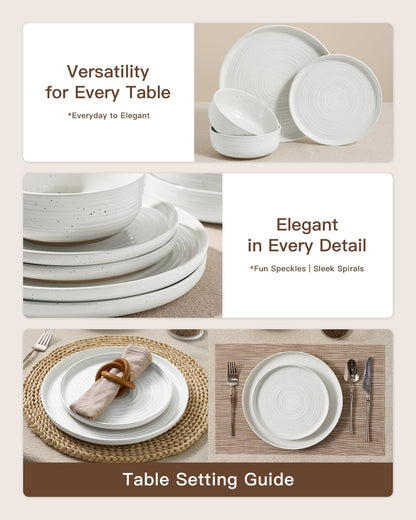Famiware Premium 24-Piece Stoneware Dinnerware Sets for 8 - Coupe Plates and Bowls with Speckles & Spirals - Chip & Scratch Resistant, Microwave & Dishwasher Safe - Farmhouse Dishes - Gift Box, White