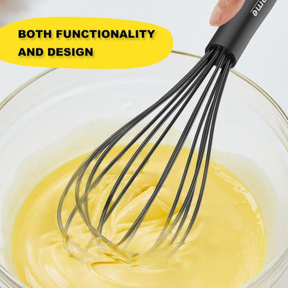 NileHome Silicone Whisk Set - Versatile 8" & 10" Kitchen Whisks for Cooking & Baking - Black