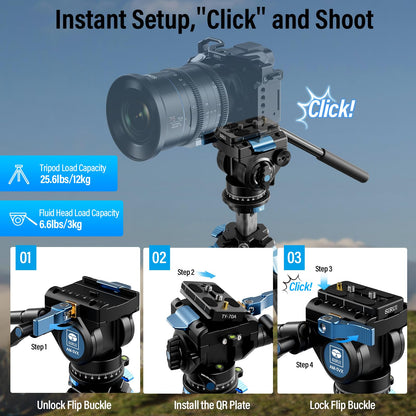 SIRUI AM-124 Carbon Fiber Tripod with AM-5VX Fluid Head, 65.6“ Compact Video Camera Tripod for Travel, Triangular Center Column, Side Loading QR Plate, Waterproof Twist Lock, Loads 6.6lbs