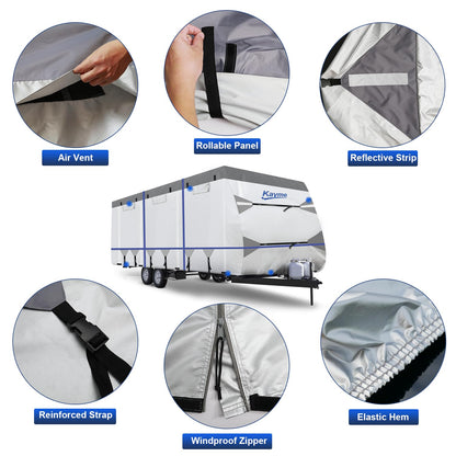 Kayme RV Cover for 28-31ft Travel Trailers, 300D Oxford Heavy Duty Waterproof Camper Cover with Zipper Door.Windproof, UV Protection, Snowproof.Includes 4 Tire Covers, Jack Cover & Wind Straps