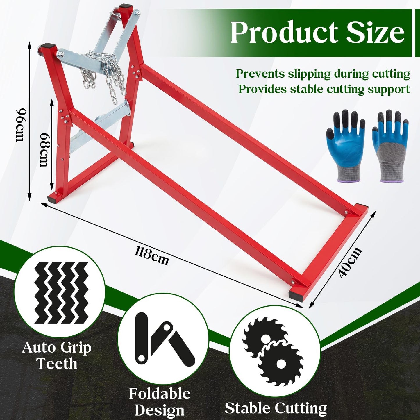 Moxweyeni Heavy Duty Steel Log Holder for Cutting Firewood, Folding Chainsaw Sawhorse Stand with Locking Chain & Safety Gloves, Log Cutting Stand for Woodworking, Fits Logs up to 13" Diameter