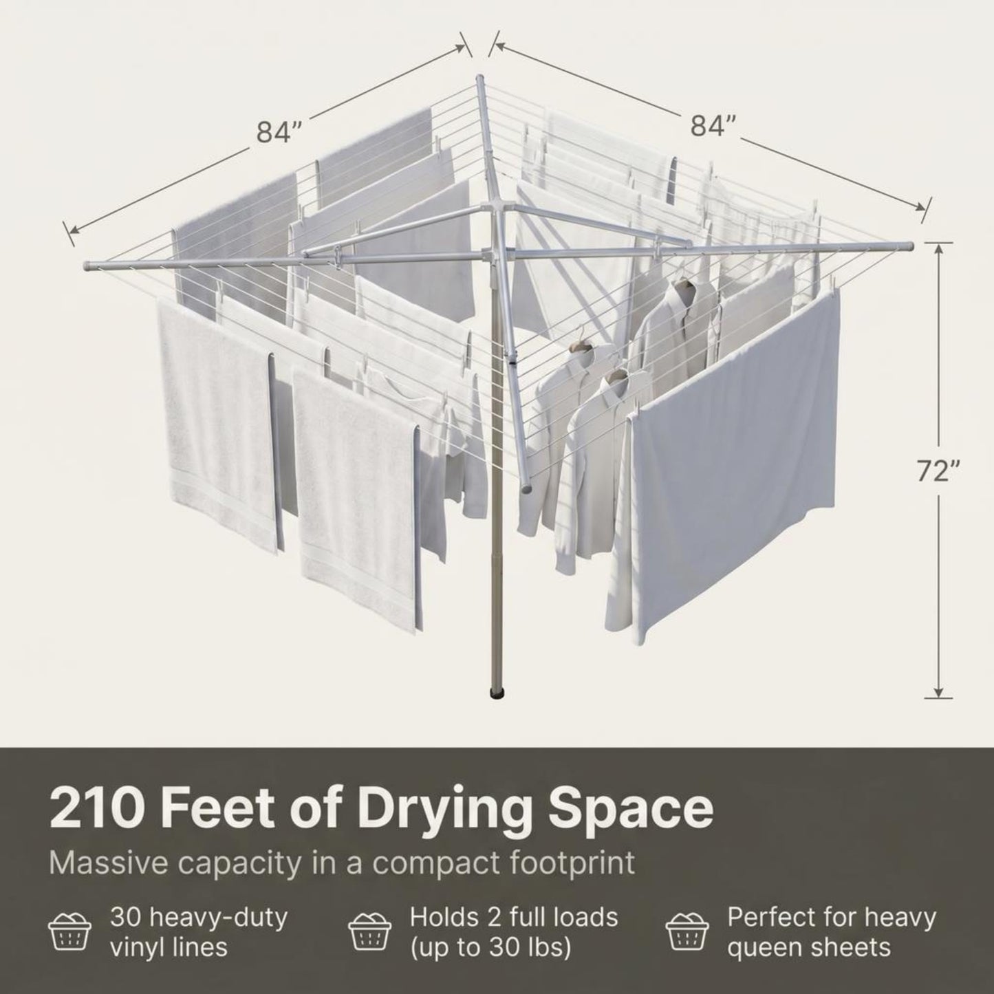 Household Essentials 17130-1 Rotary Outdoor Umbrella Drying Rack | Aluminum | 30-Lines with 210 ft. Clothesline,Silver
