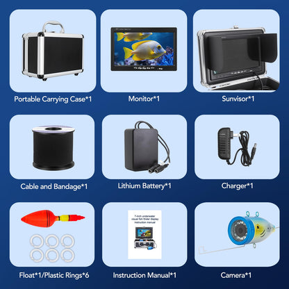 Underwater Fishing Camera, Portable Fish Finder with 7" LCD Monitor, IP68 Waterproof 1200TVL HD Fishing Camera with 12pcs White Lights for Lake Kayak Boat Ice Dark Fishing (98ft/30M Cable)
