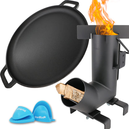 Camping Rocket Stove and 16 Inch Cast Iron Griddle Pizza Pan by StarBlue