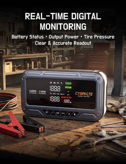 Jump Starter with Air Compressor, 8000A 160 PSI Portable Car Battery Jump Starter with LCD Display, 65W USB-C Fast Charging, All-in-One Emergency Jump Box for All Gas 14L Diesel
