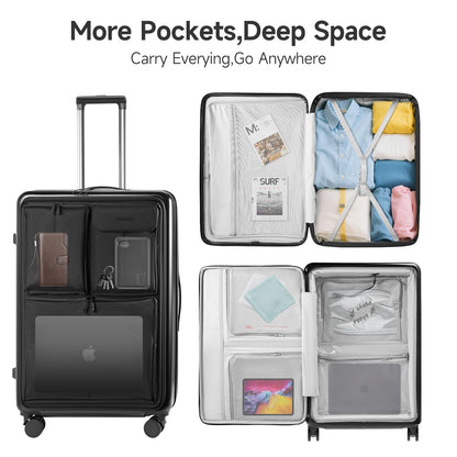 24 Inch Checked Luggage with Front Pocket, Expandable Hardshell Suitcase with Spinner Wheels, Hybrid Travel Bag with Laptop Compartment, TSA Lock & USB Charging Ports, Medium Suitcase for 7-10 Days