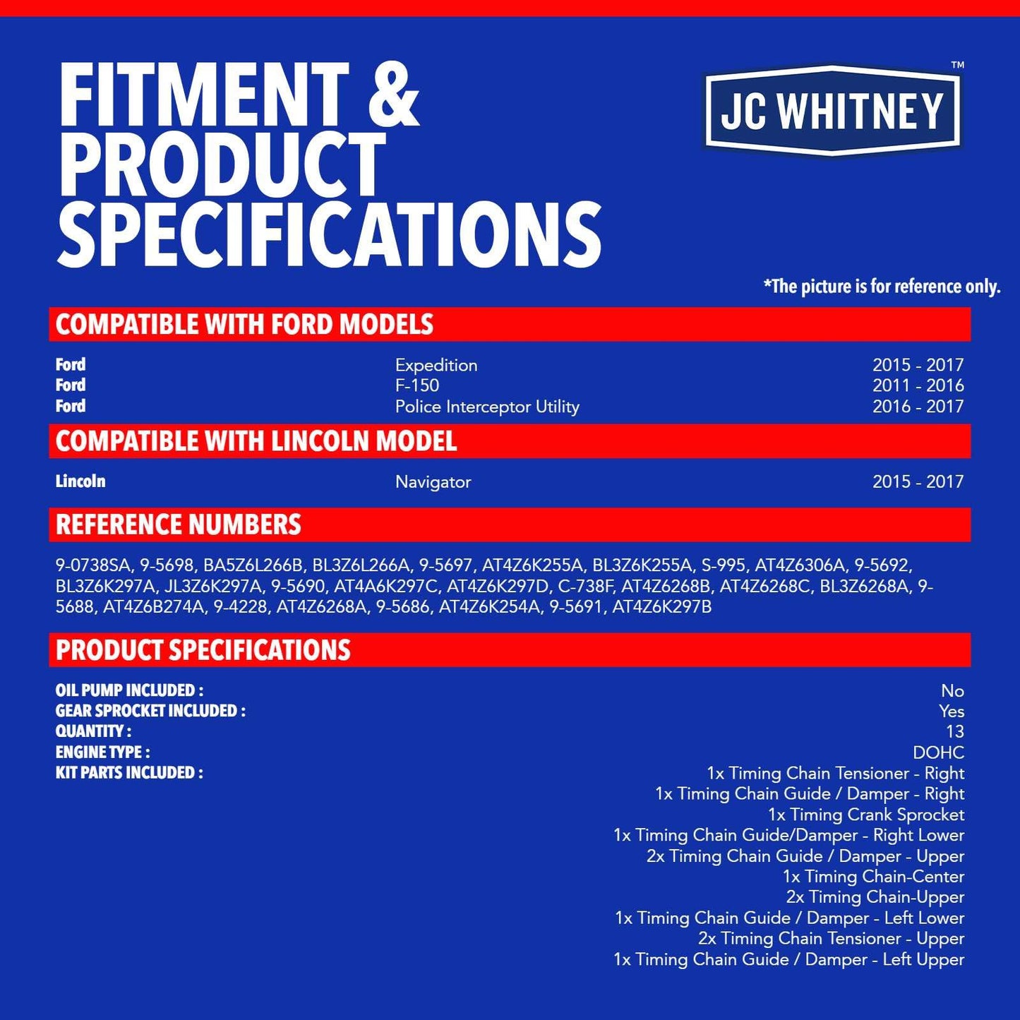JC Whitney JFBAJCWTCK00039 Engine Timing Chain Kit with Tensioner - Fits DOHC V6 3.5L 3.7L - Compatible with Ford F-150 11-16, Expedition 15-17, Lincoln Navigator 15-17