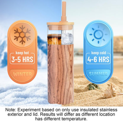 Tronco 20 oz Vacuum Insulated Glass Tumbler with Lid and Straw - Keeps Drinks Cold for 12 Hrs - Reusable Glass Cup for Iced Coffee, Smoothies & Boba - Sweat & BPA Free, Dishwasher Safe, Fit Car Holder