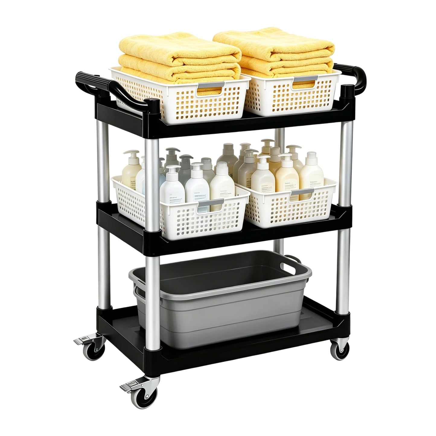 Ufriandz 3 Tier Heavy Duty Rolling Utility Cart with Strong Wheels and Handle 600lbs Load Capacity Plastic Serving Cart for Food Commercial Garage Restaurant Kitchen, Black Storage Shelf