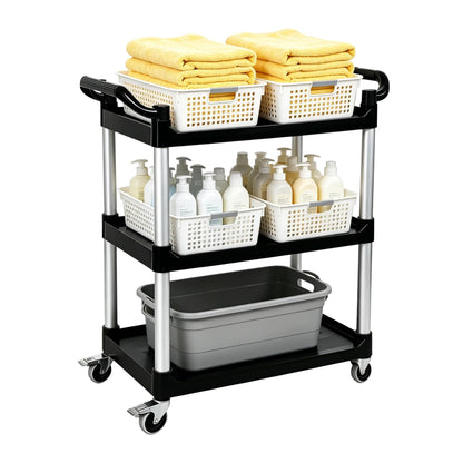 Ufriandz 3 Tier Heavy Duty Rolling Utility Cart with Strong Wheels and Handle 600lbs Load Capacity Plastic Serving Cart for Food Commercial Garage Restaurant Kitchen, Black Storage Shelf