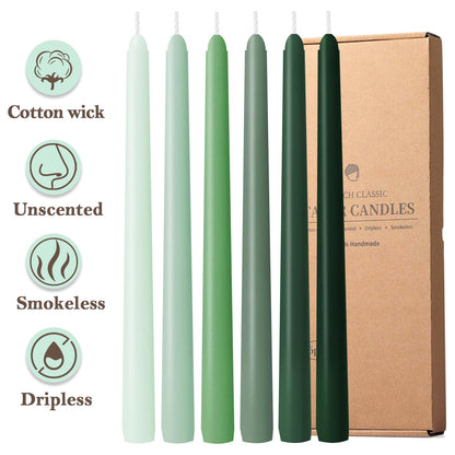Unscented 12'' Taper Candles Set of 6 Gradual Green Tall Candlesticks for Spring Home Decor Dinner Wedding Party Holidays Christmas