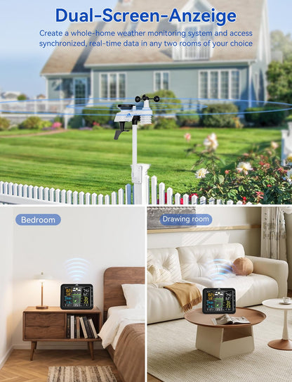 AIRAIN TECH 10-in-1 Wireless Weather Station with Dual Display, Outdoor Sensor, Rain Gauge, Wind Speed,Atomic Clock, Indoor Temp/Humidity, Barometric Pressure,etc (No WiFi)