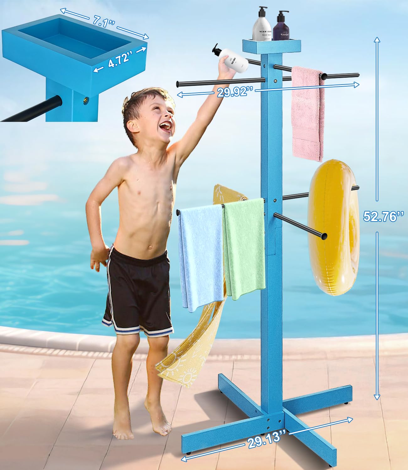 Pool Towel Rack Outdoor, 53in Wood Pool Towel Holder Stand with 4 Adjustable Bars, Outdoor Towel Rack for Pool Area Outside, Waterproof Freestanding Towel Drying Rack for Poolside, Hot Tub, Spa,Beach