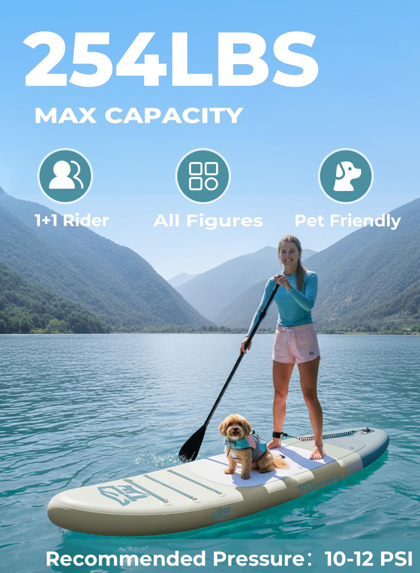 TIGERXBANG Inflatable Paddle Board with SUP Board Accessories, Non-Slip Minimalist Paddle Board for Adults and Youth of All Skill Levels, Stand Up Board Sunny Wave Collection-Blue