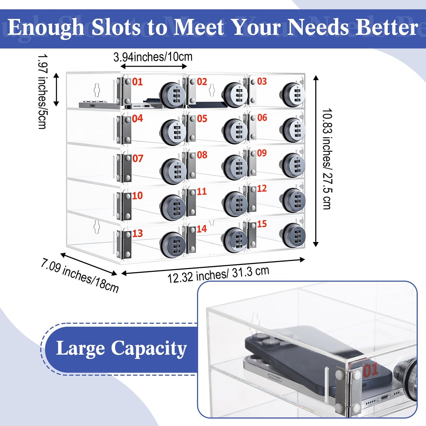 Reallnaive 15 Slots Cell Phone Locker with Combination Lock, Cell Phone Storage for Classroom, Clear Acrylic Storage Cabinet Bin, Wall Mounted for School Students Office Factory Employees