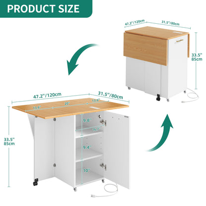 YITAHOME Folding Kitchen Table with Power Outlet, Drop Leaf Kitchen Table Islands for 2 on Wheels, Convertible Trash Can Storage Cabinet for 10 Gallon Garbage Bin, Adjustable Storage Racks, Wihte Oak