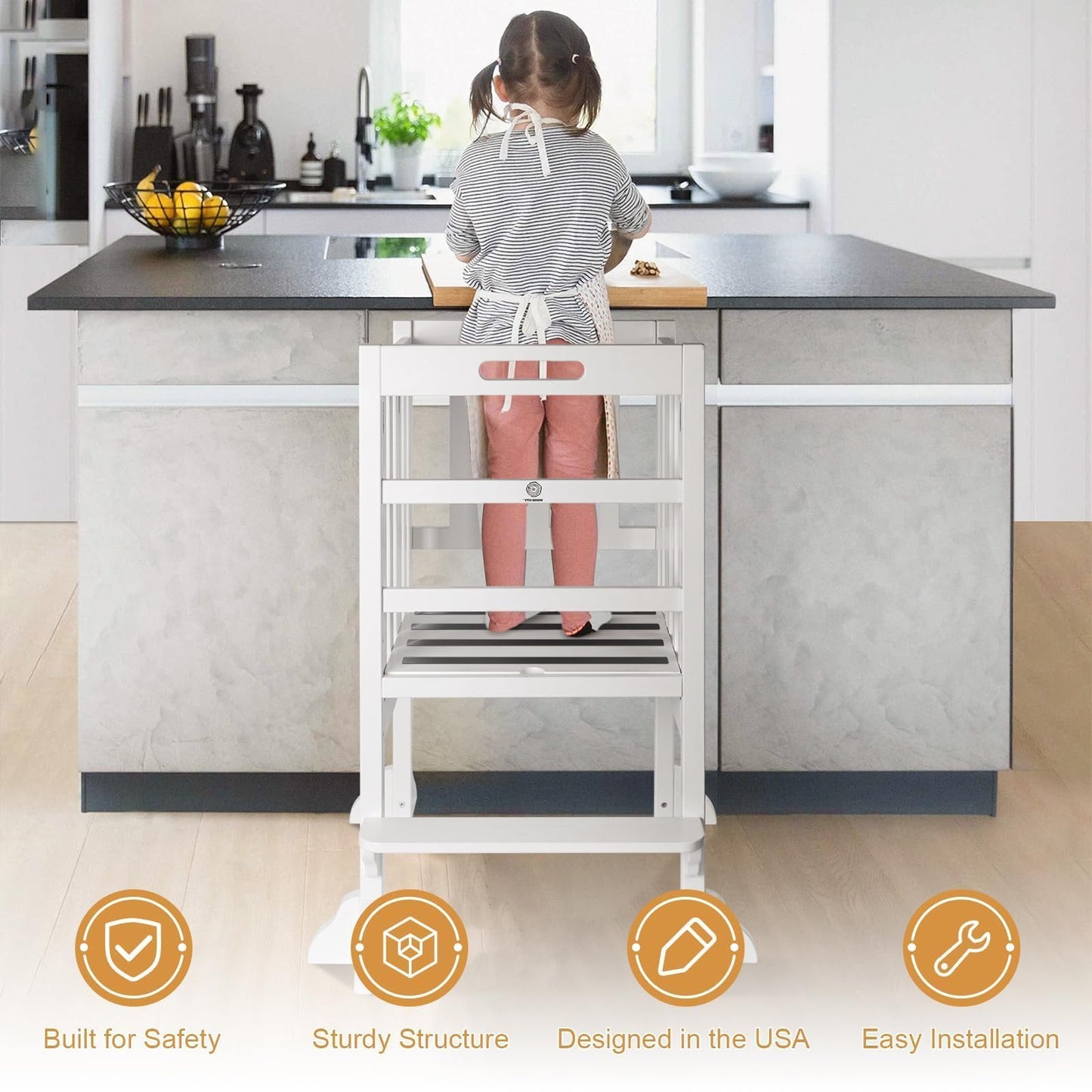 Kitchen Step Stool Helper - WOOD CITY Montessori Foldable Toddler Standing Tower for Toddlers with Safety Rail Height Adjustable Ideal Helper for Learning New Skills Natural Pine Wood (White)