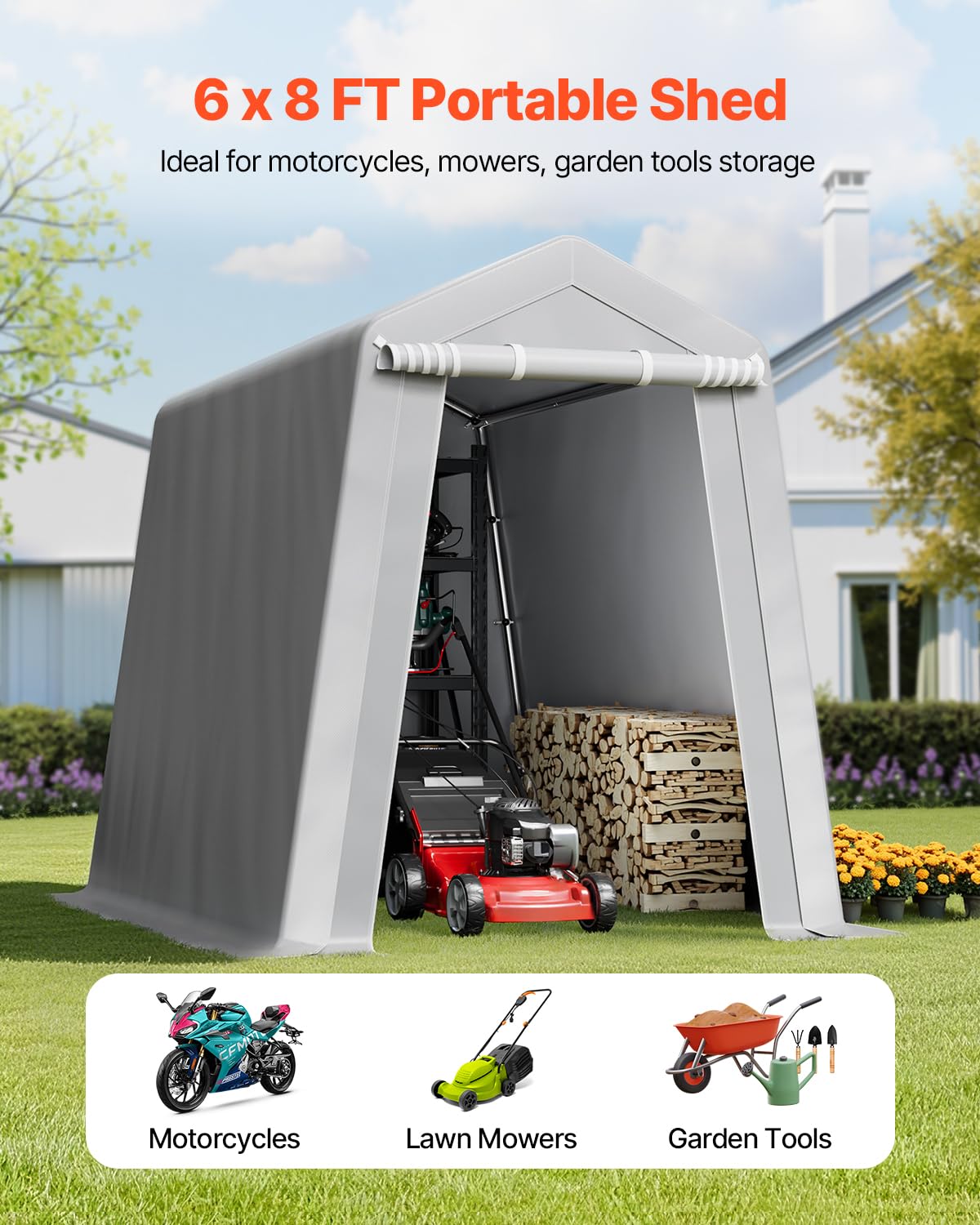 VEVOR 6x8x7 FT Heavy-Duty Portable Outdoor Storage Shed Tent, Waterproof Carport Garage Shelter with Roll-Up Zipper Door & Vents, UV-Resistant Canopy for Motorcycle, Bike, Lawn Mower, Tools, Gray