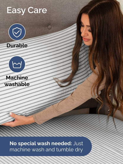 Skiennix Extra Deep Twin Sheet Set - 4-Piece Breathable Cooling Bedding - Soft, Wrinkle-Free Grey Stripes