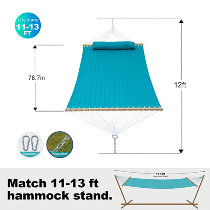 GAFETE Hammock 2 Person Quilted Fabric Hammocks for Outside, Double 12ft Hammocks with Spreader Bar, Large Removable Pillow, Storage Bag, Carabiners, Max 475 lbs Capacity (Canyon Creek Aqua)