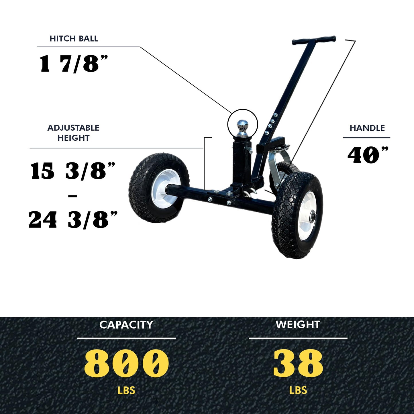 Tow Tuff Trailer Dolly w/ 12" Flat-Free Tires & 8" Swivel Caster Wheel, Fits 1 7/8” Coupler, 800 lb Capacity, Black - Adjustable and Portable Trailer Mover for Campers, Boats, and Utility Trailers