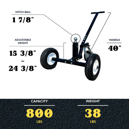 Tow Tuff Trailer Dolly w/ 12" Flat-Free Tires & 8" Swivel Caster Wheel, Fits 1 7/8” Coupler, 800 lb Capacity, Black - Adjustable and Portable Trailer Mover for Campers, Boats, and Utility Trailers