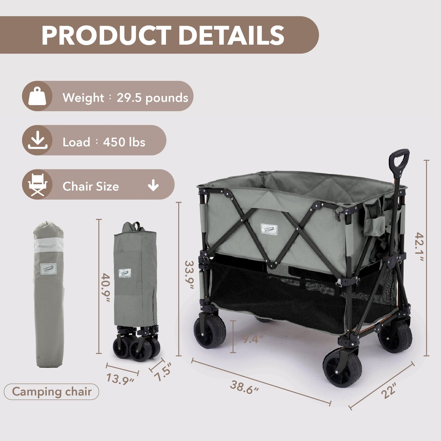 Camphor Designs 400L Collapsible Folding Double Decker Beach Wagon |Heavy Duty Utility Cart Extender|Supports 450lbs|All-Terrain Big Wheels with Breaks for Sports Camping (Grey/Grey)