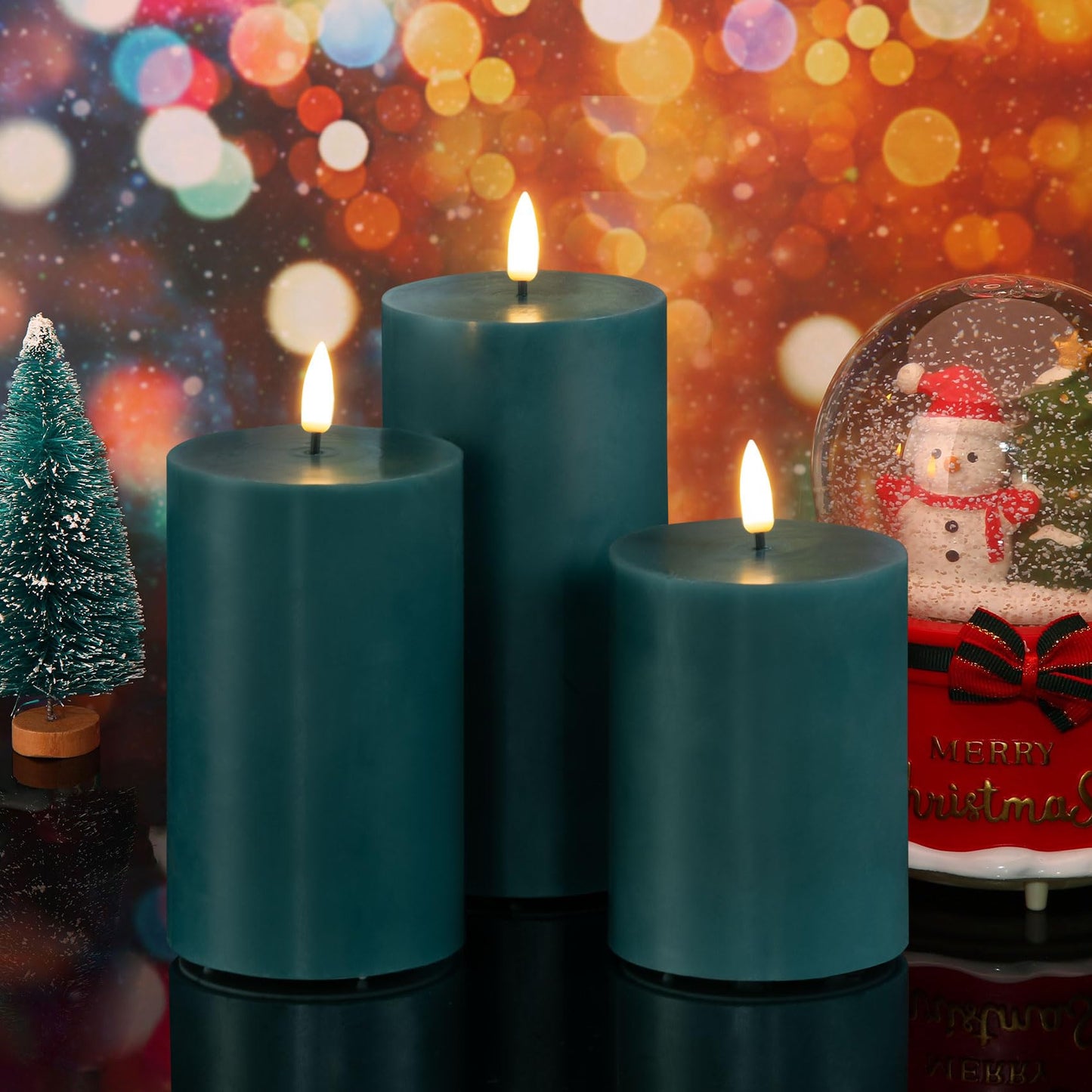 Girimax Green Flameless Pillar Candles with Remote, Flickering Spring LED Wax Candles Battery Operated Set of 3