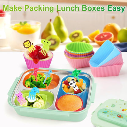 Vicuna R 80PCS Silicone Lunch Box Dividers Kit, Reusable Silicone Cupcake Liners Muffin Cups, Fun Lunchbox Bento Box Accessories, Cute Food Picks for Kids (20 Baking Cups + 60 Animal Picks)