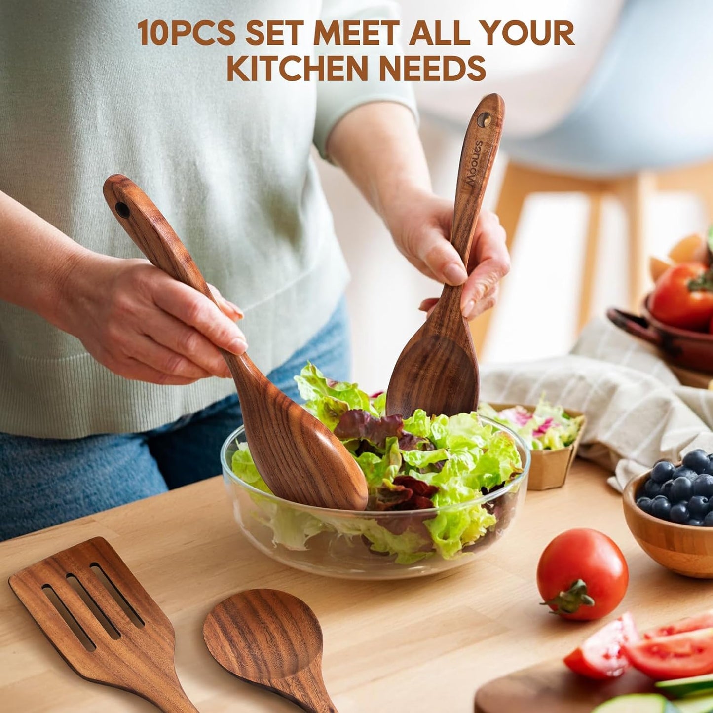 Skiennix Wooden Spoons - 10PCS Teak Wood Cooking Utensil Set with Hooks | Smooth Finish, Heat Resistant