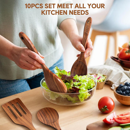 Skiennix Wooden Spoons - 10PCS Teak Wood Cooking Utensil Set with Hooks | Smooth Finish, Heat Resistant
