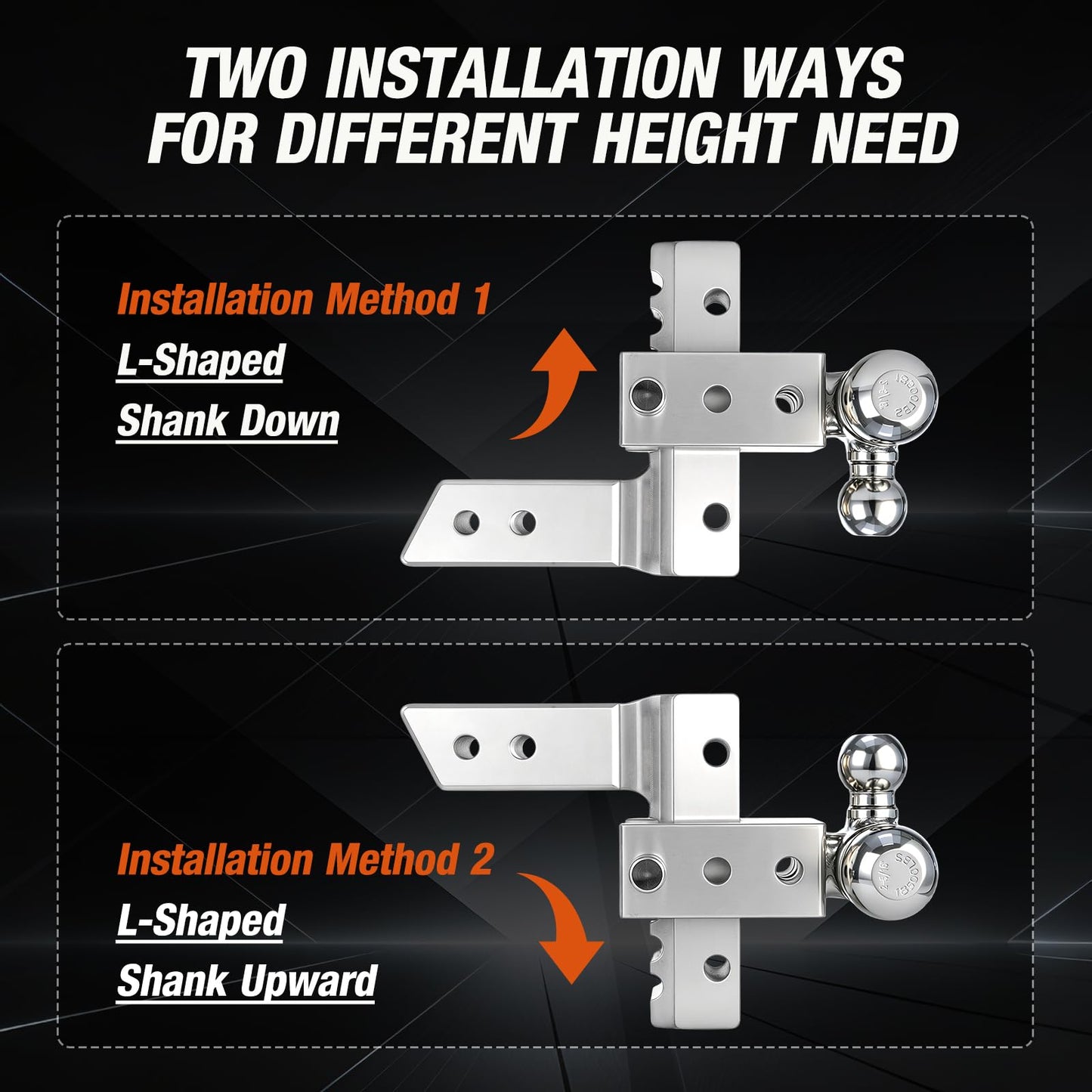 Adjustable Trailer Hitch Fits 2 Inch Receiver 12,500Lbs for Heavy Duty Truck RV with Tri-Ball (1-7/8", 2", 2-5/16") Stainless Steel 6-Inch Drop/Rise Aluminum Towing Ball Mounts (Silver)