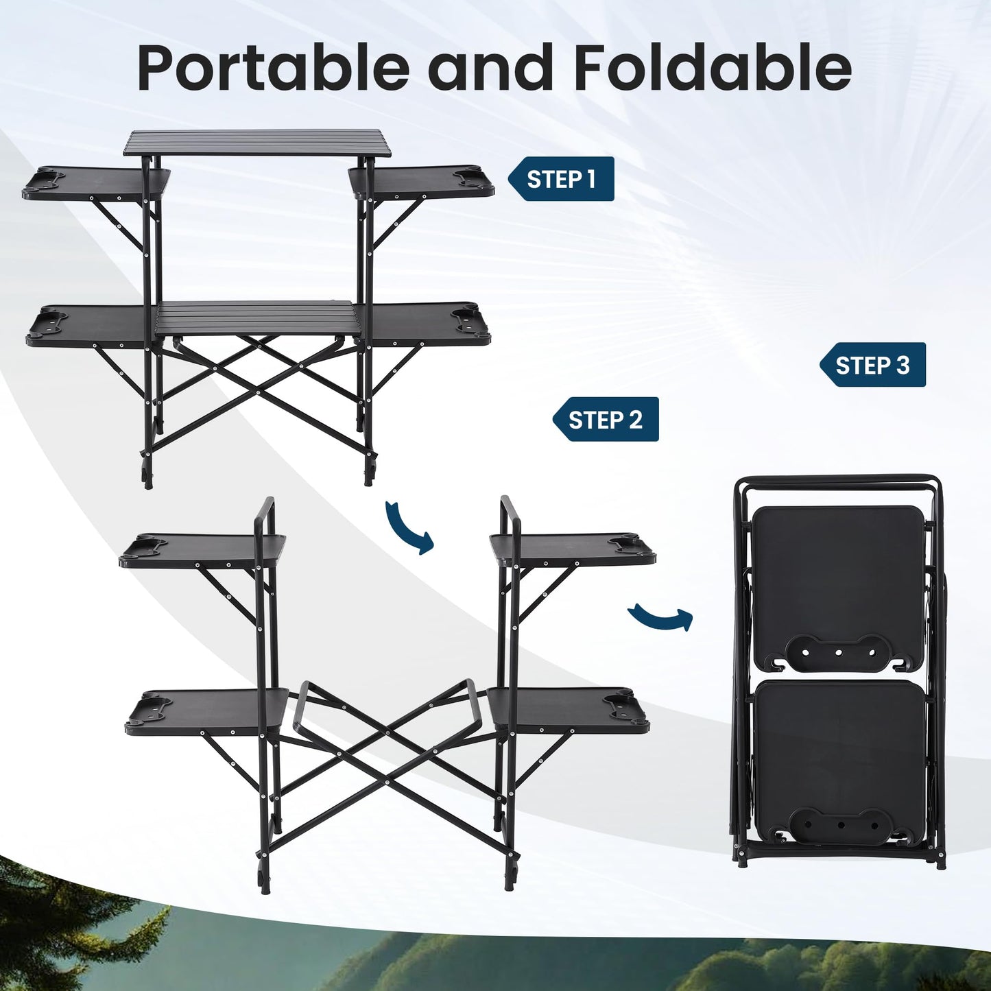 Foristrail Slim-Fold Camping Kitchen Table, Metal Folding Portable Outdoor Cook Station with 4 Side Tables, 2 Storage Shelves & Carrying Bag, Heat Resistant Quick Set-Up for Picnic BBQ