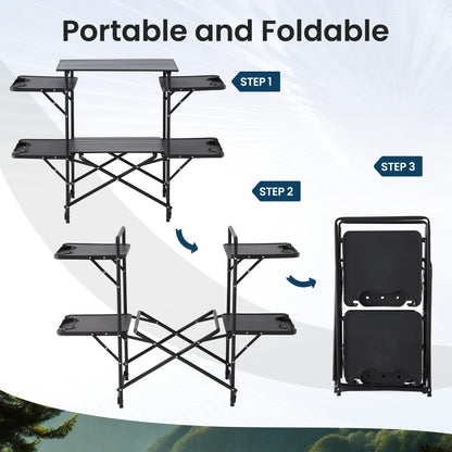 Foristrail Slim-Fold Camping Kitchen Table, Metal Folding Portable Outdoor Cook Station with 4 Side Tables, 2 Storage Shelves & Carrying Bag, Heat Resistant Quick Set-Up for Picnic BBQ